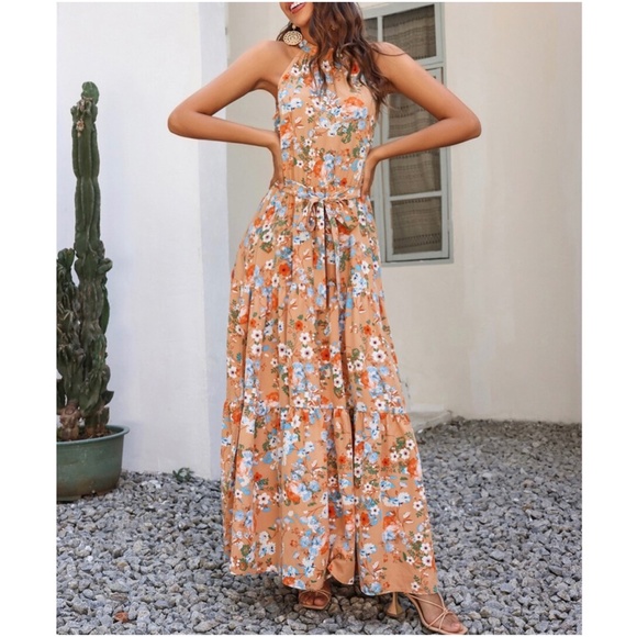 Boho Orange Floral Print Ruffle Maxi Dress Cottagecore - Picture 4 of 5